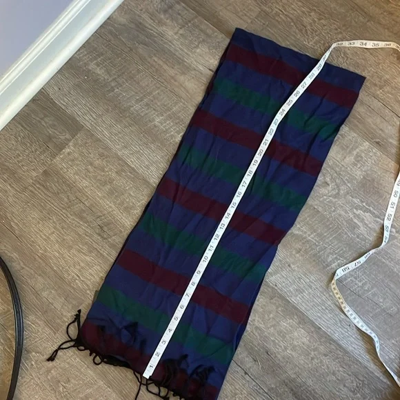 Enrico Milano Reversible Striped Silk Scarf Fringe OS Navy Maroon Green